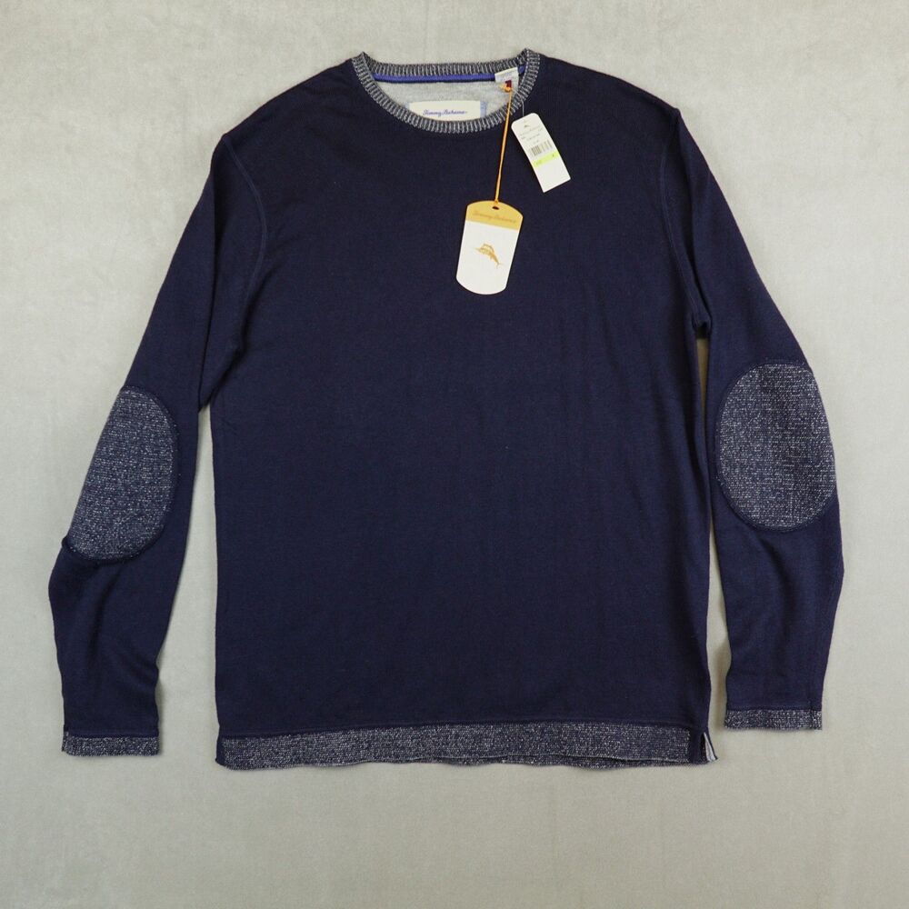 NWT Tommy Bahama Sweater Crew Neck Island Luxe Ink Cashmere Blend Elbow Patch
